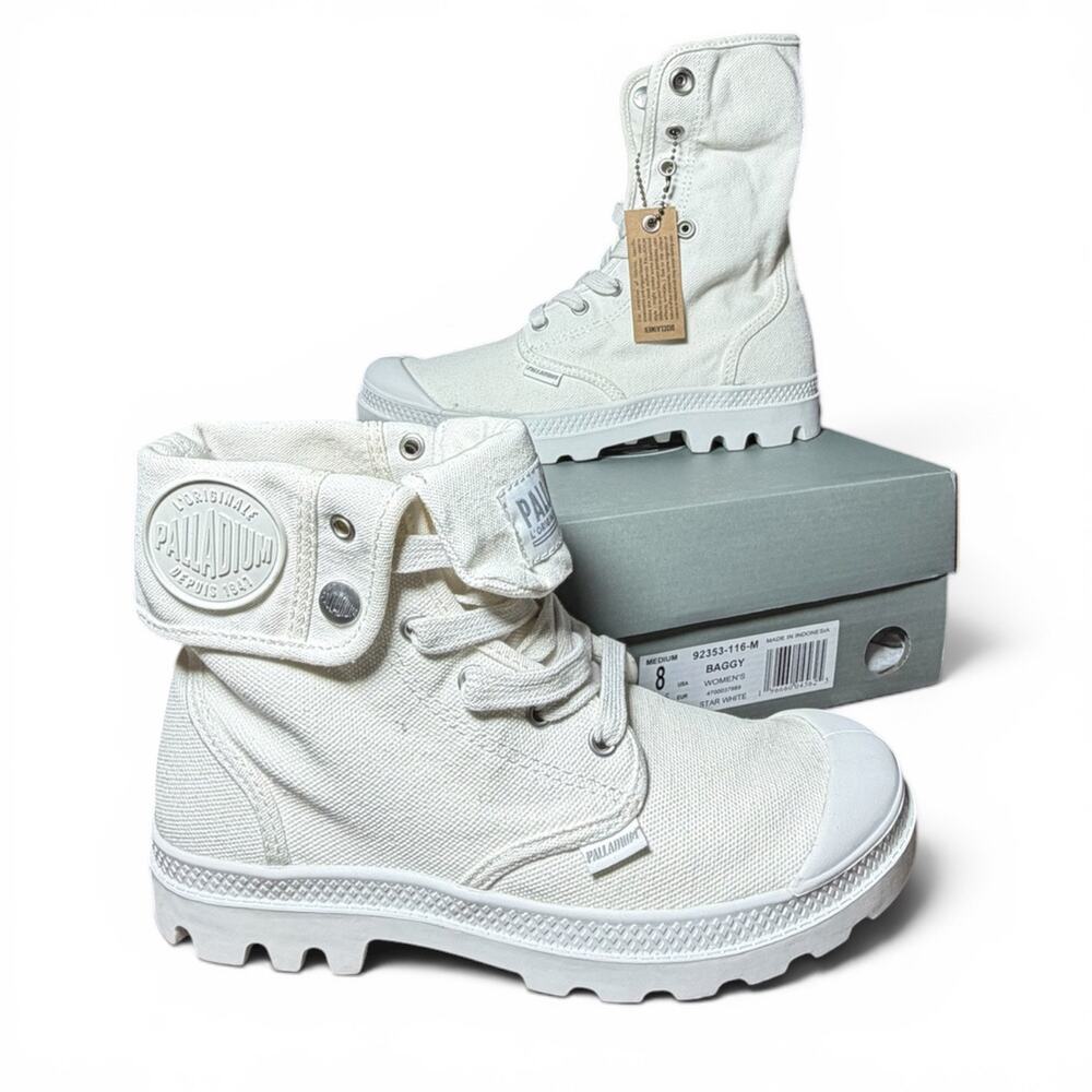Palladium Classic Baggy Combat Lace Up Boots Star Whits Size 8